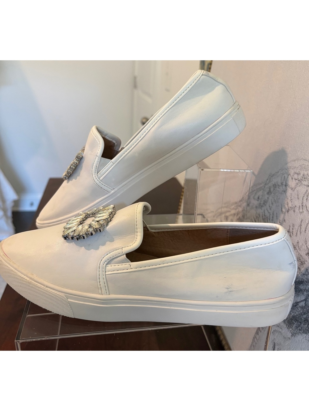 Donald Pliner White Leather Slip-On Sneakers with Decorative Silver Buckle, Size - Picture 2 of 5